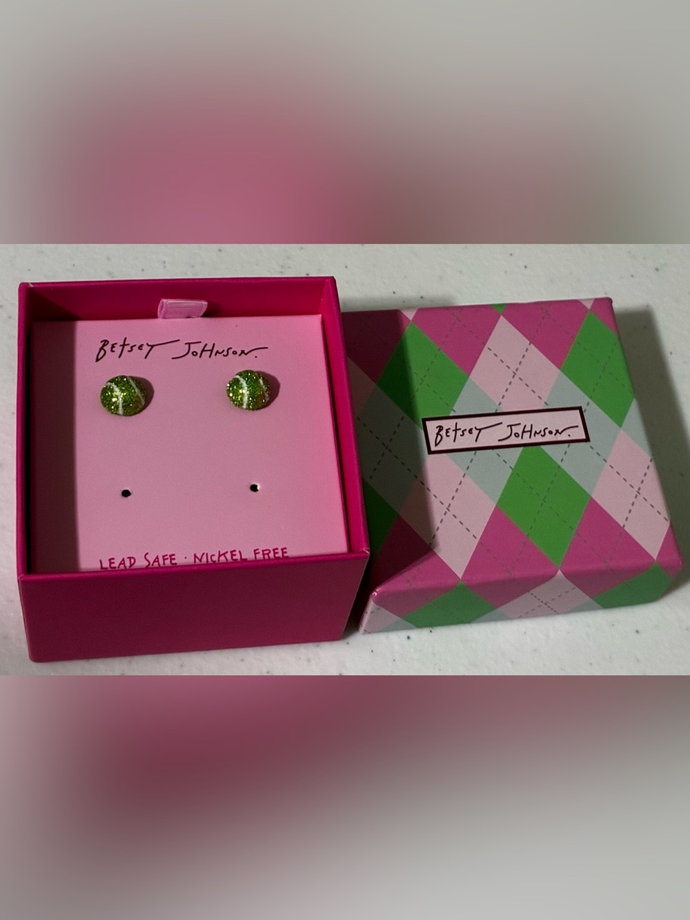 Betsey Johnson Lime Green Glitter Tennis Ball Stud Earrings